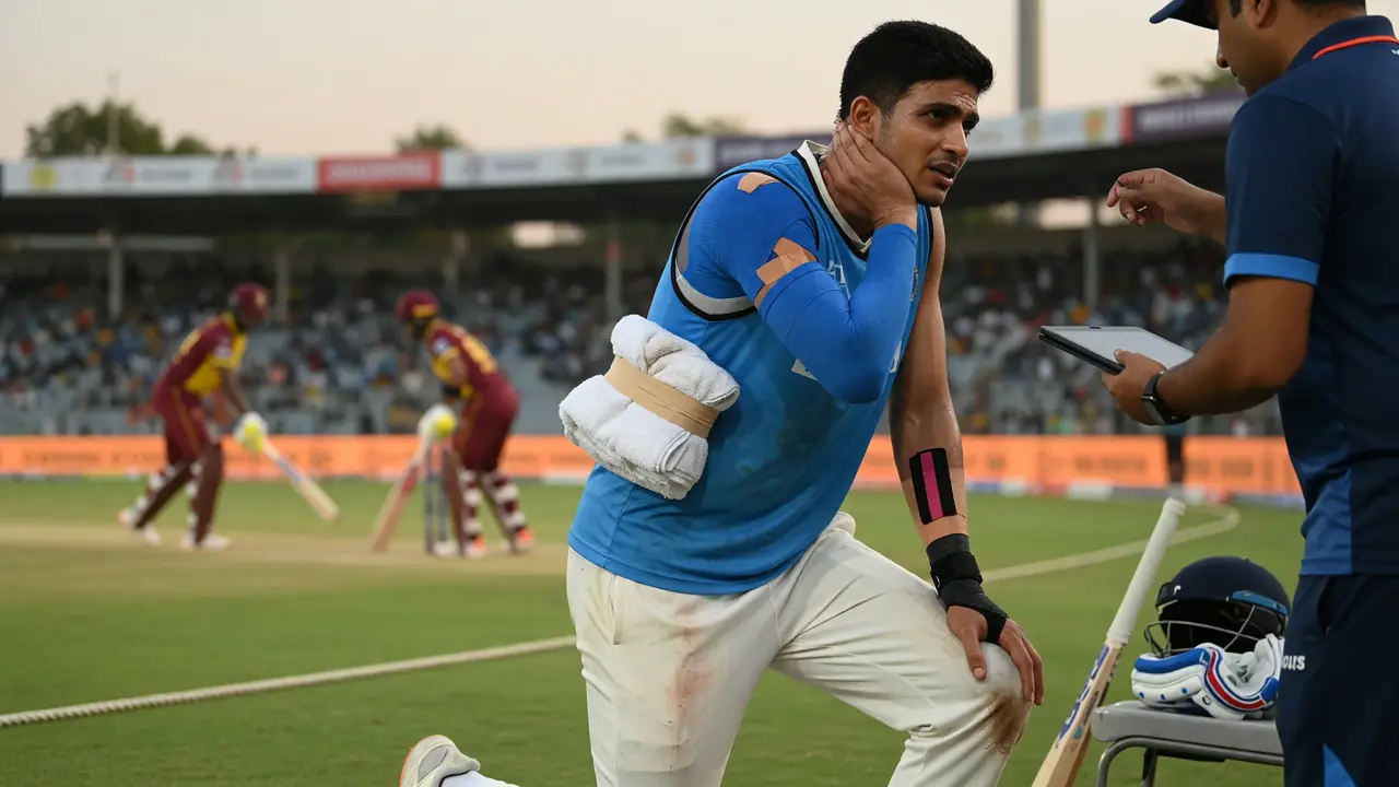 Close sideline action of a fast bowler driving through the crease under stadium lights with the field blurred behind him