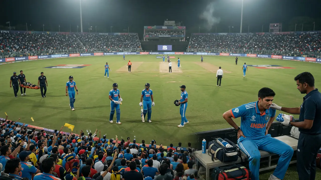 Wide evening view of a packed international cricket stadium with the outfield lit and the crowd layered around the ground