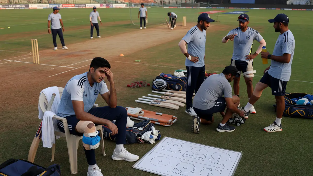 Medium shot of fielders and a bowler setting positions on a green outfield during an international match